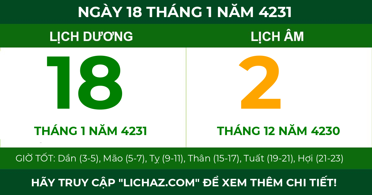 lịch âm ngày 18 tháng 1 năm 4231