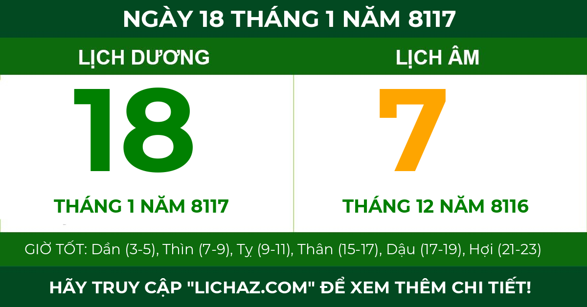 lịch âm ngày 18 tháng 1 năm 8117