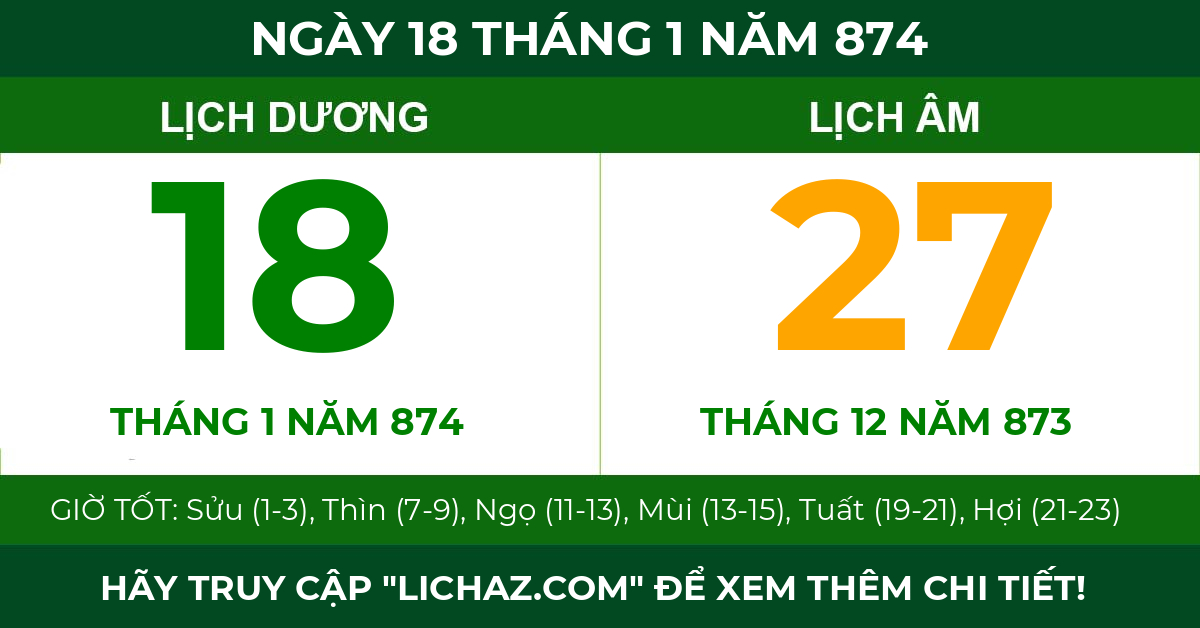 lịch âm ngày 18 tháng 1 năm 874
