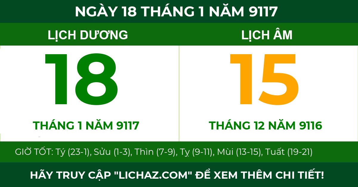 lịch âm ngày 18 tháng 1 năm 9117