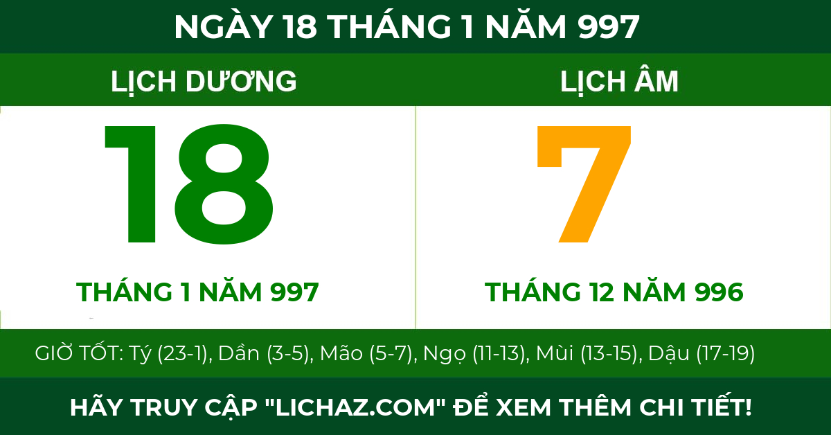 lịch âm ngày 18 tháng 1 năm 997