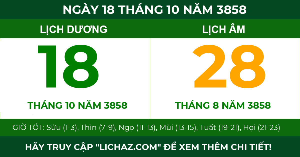 lịch âm ngày 18 tháng 10 năm 3858