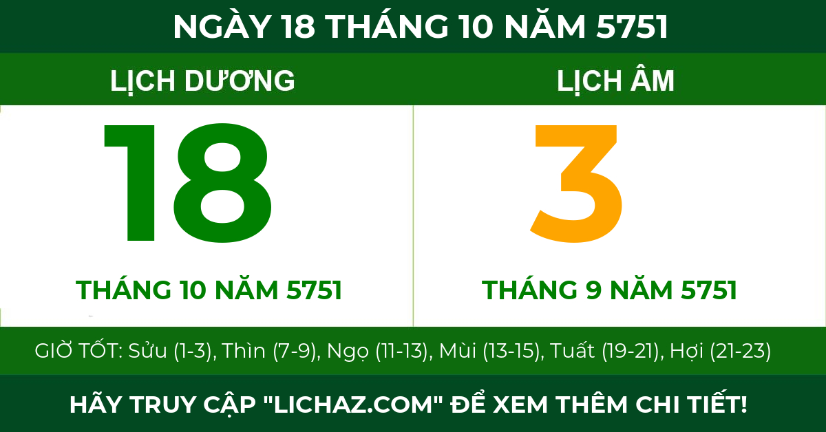 lịch âm ngày 18 tháng 10 năm 5751