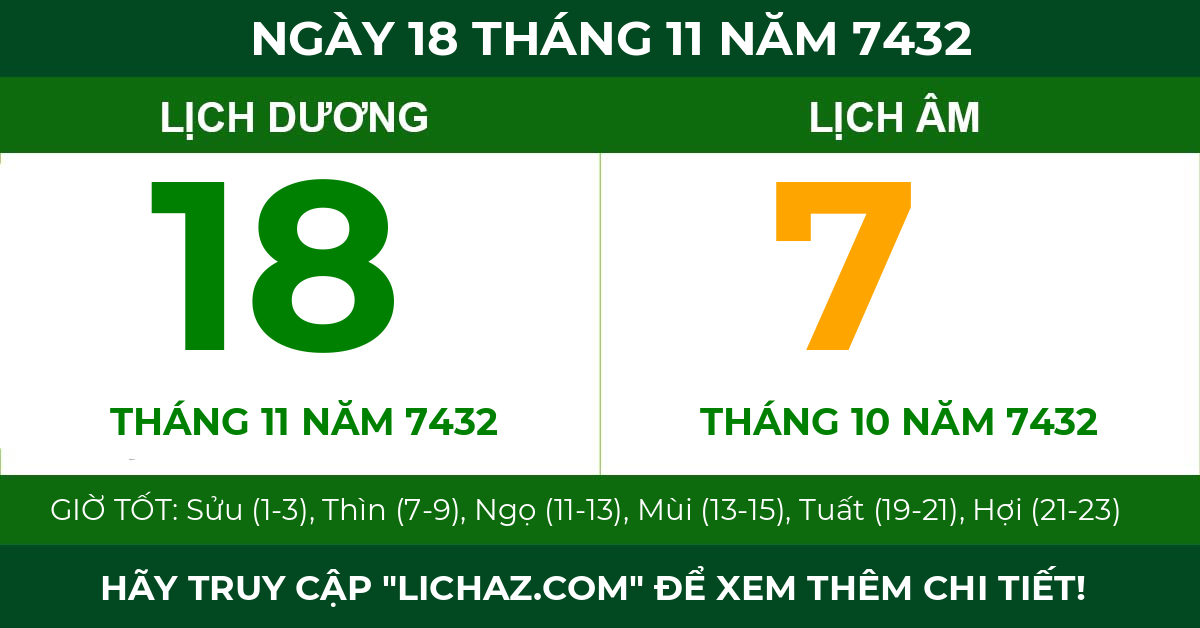 lịch âm ngày 18 tháng 11 năm 7432