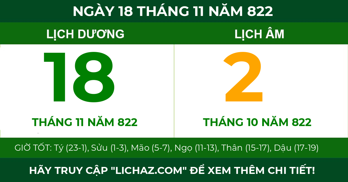 lịch âm ngày 18 tháng 11 năm 822