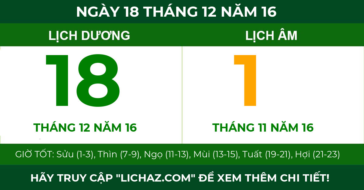 lịch âm ngày 18 tháng 12 năm 16