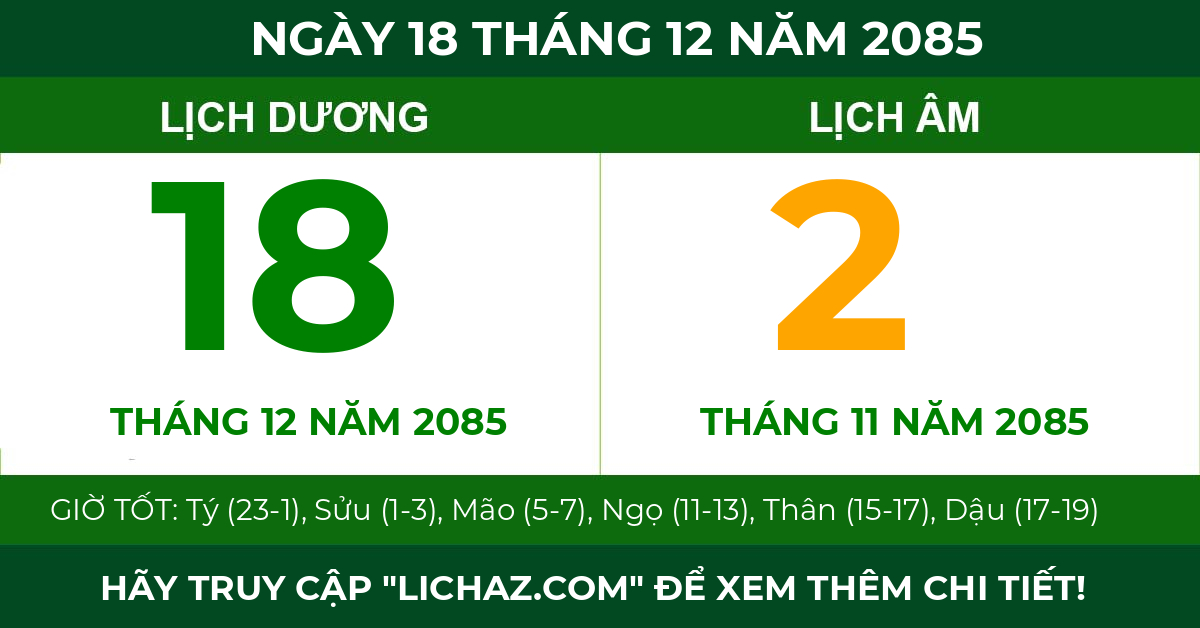 lịch âm ngày 18 tháng 12 năm 2085