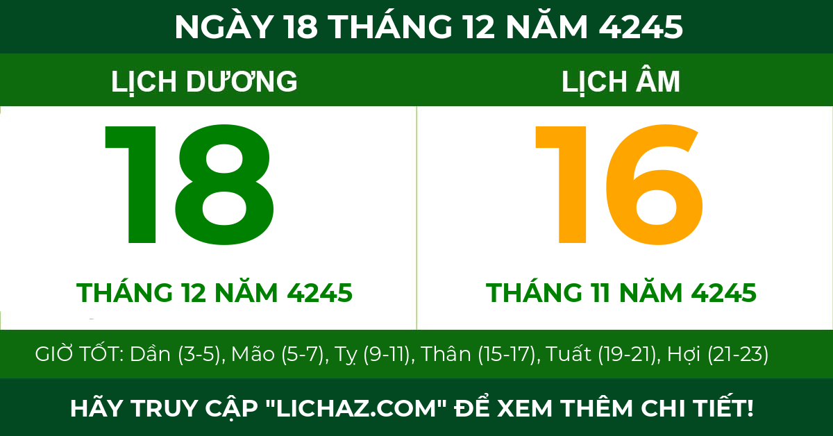 lịch âm ngày 18 tháng 12 năm 4245