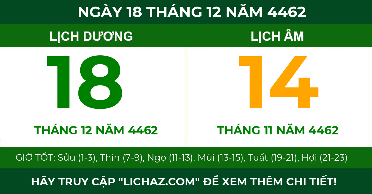 lịch âm ngày 18 tháng 12 năm 4462
