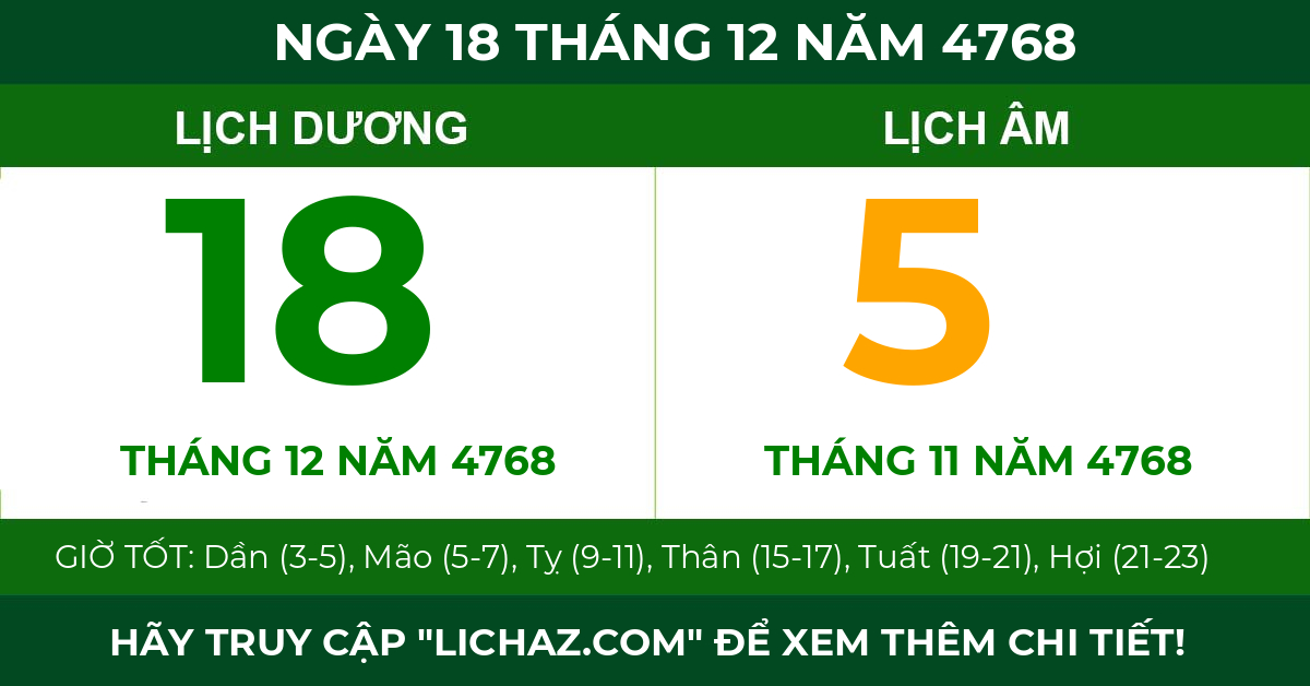 lịch âm ngày 18 tháng 12 năm 4768