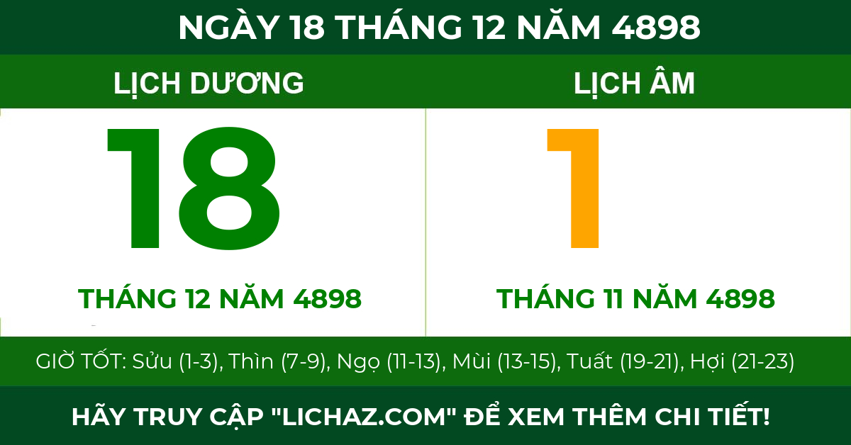 lịch âm ngày 18 tháng 12 năm 4898