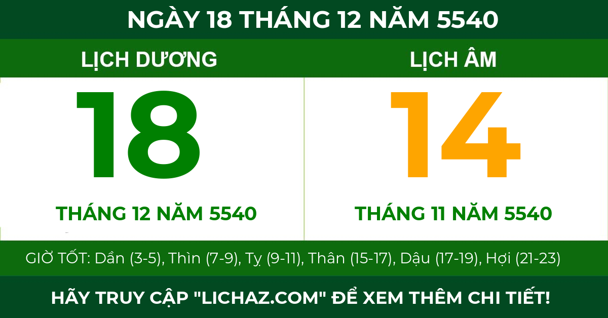 lịch âm ngày 18 tháng 12 năm 5540