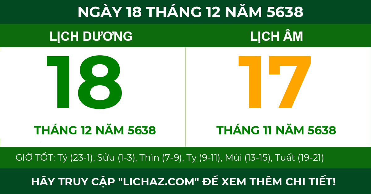 lịch âm ngày 18 tháng 12 năm 5638