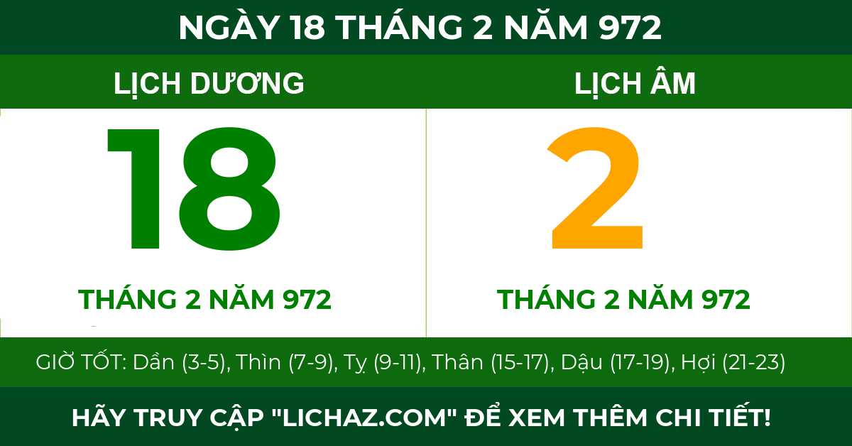 lịch âm ngày 18 tháng 2 năm 972