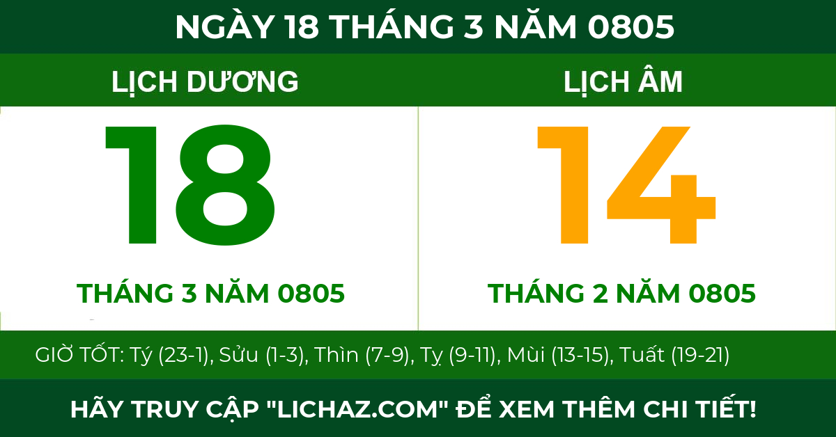 lịch âm ngày 18 tháng 3 năm 0805