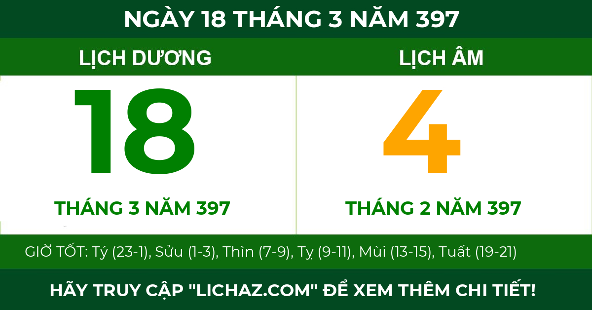 lịch âm ngày 18 tháng 3 năm 397