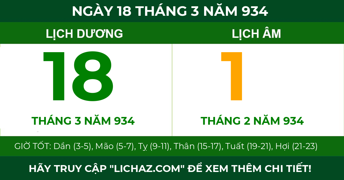 lịch âm ngày 18 tháng 3 năm 934