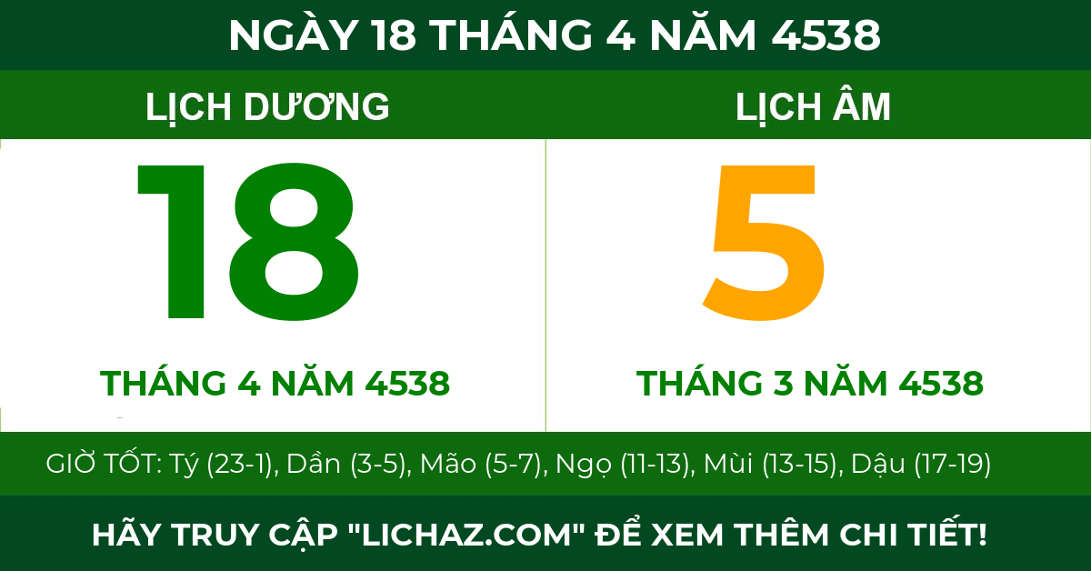 lịch âm ngày 18 tháng 4 năm 4538
