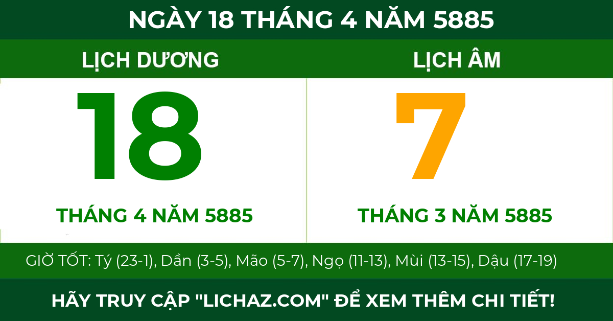 lịch âm ngày 18 tháng 4 năm 5885