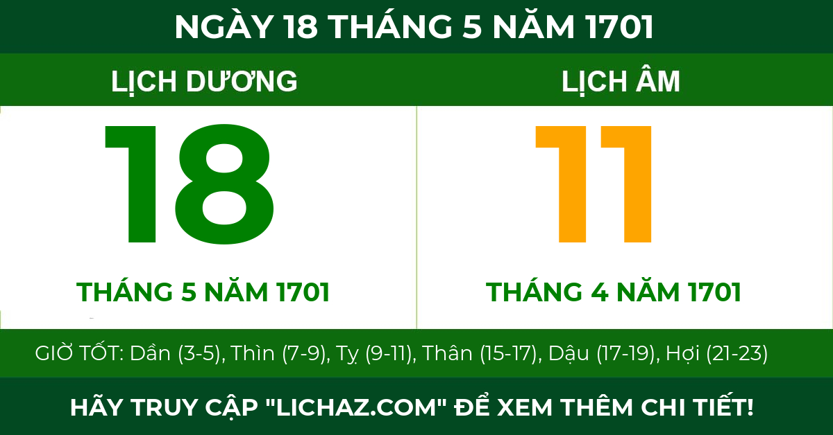 lịch âm ngày 18 tháng 5 năm 1701