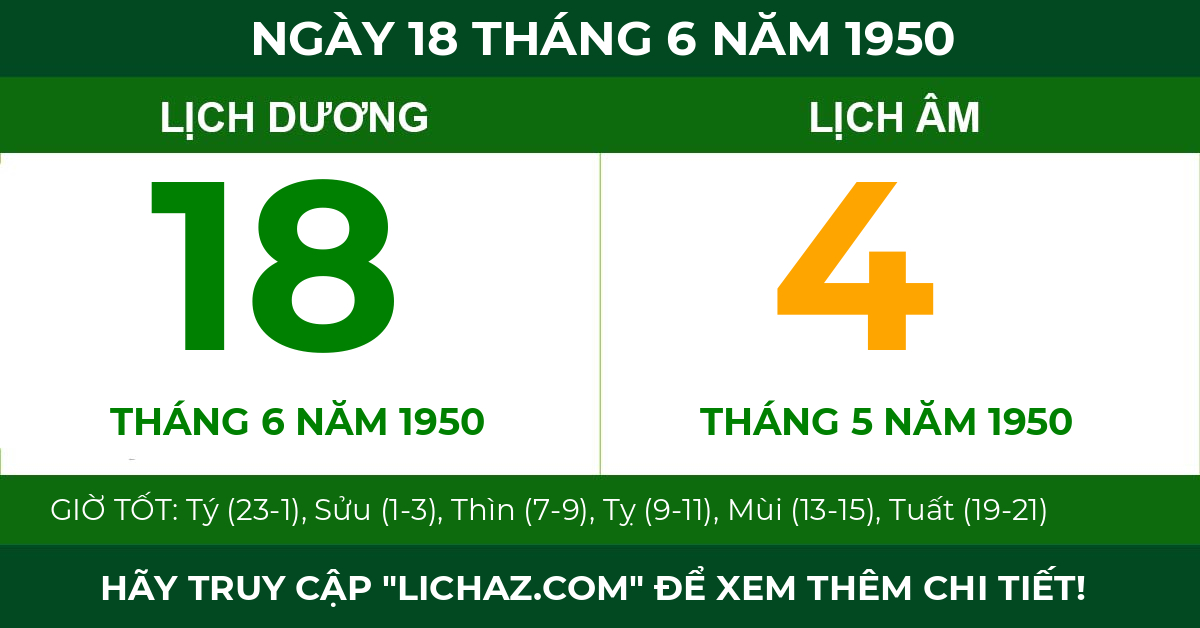 lịch âm ngày 18 tháng 6 năm 1950