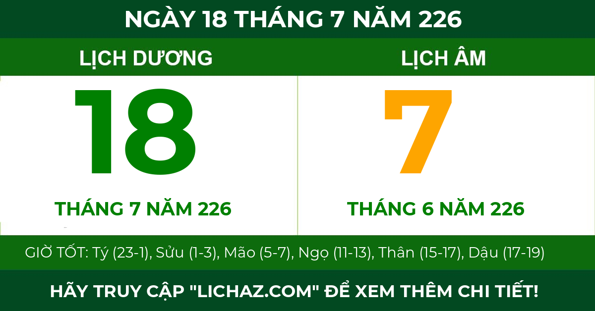 lịch âm ngày 18 tháng 7 năm 226