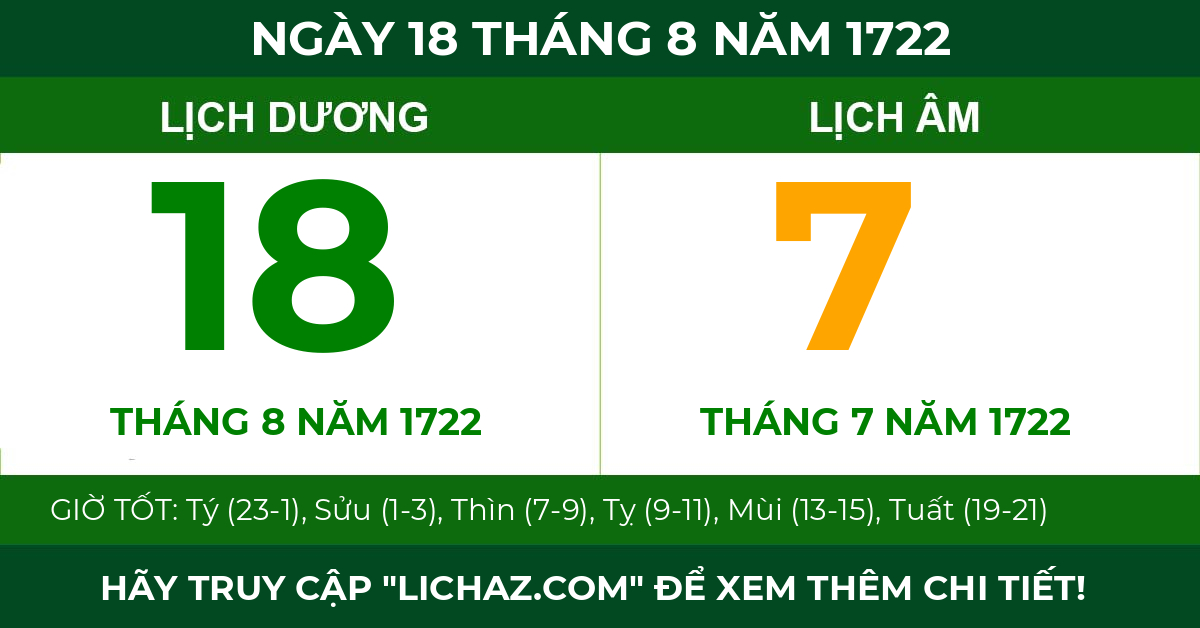 lịch âm ngày 18 tháng 8 năm 1722