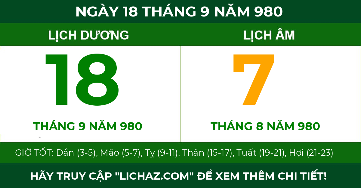 lịch âm ngày 18 tháng 9 năm 980