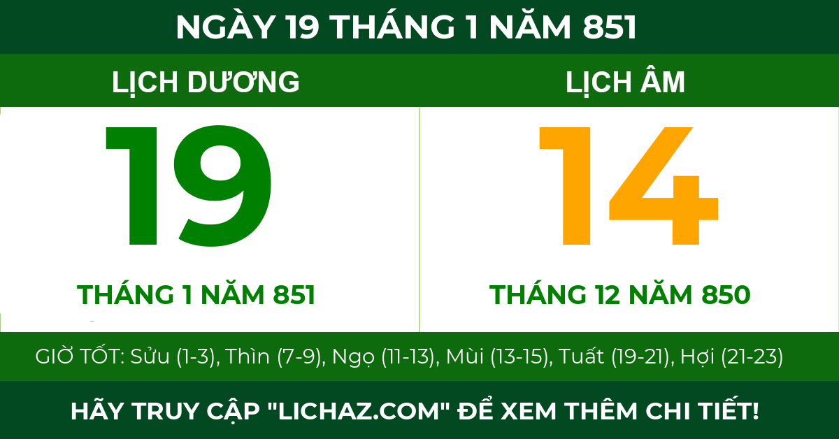 lịch âm ngày 19 tháng 1 năm 851