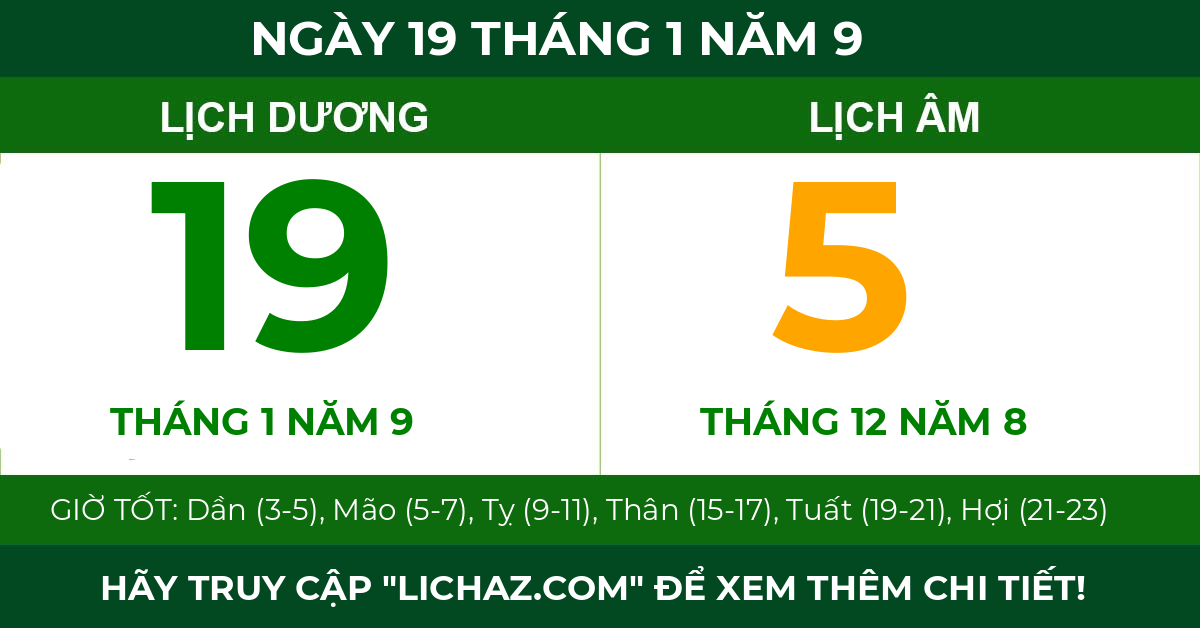 lịch âm ngày 19 tháng 1 năm 9