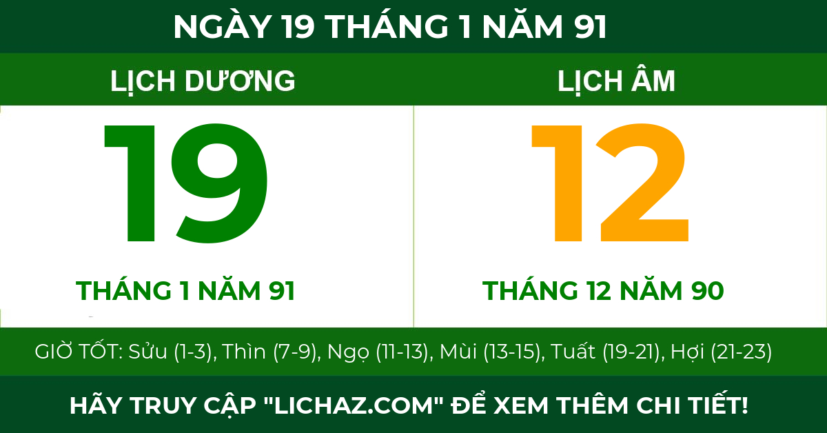 lịch âm ngày 19 tháng 1 năm 91