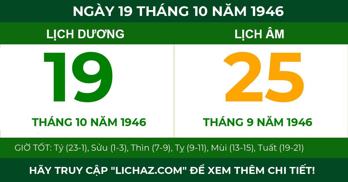 lịch âm ngày 19 tháng 10 năm 1946