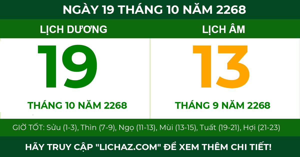lịch âm ngày 19 tháng 10 năm 2268