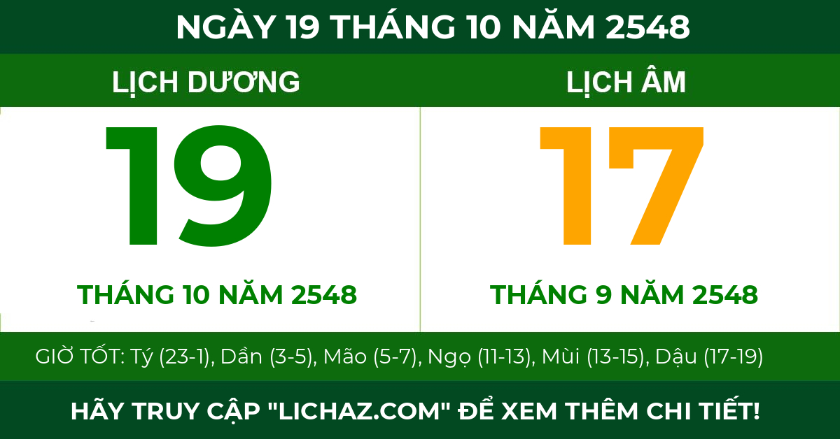 lịch âm ngày 19 tháng 10 năm 2548