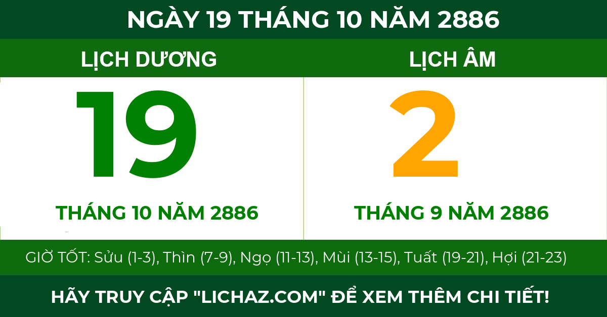 lịch âm ngày 19 tháng 10 năm 2886