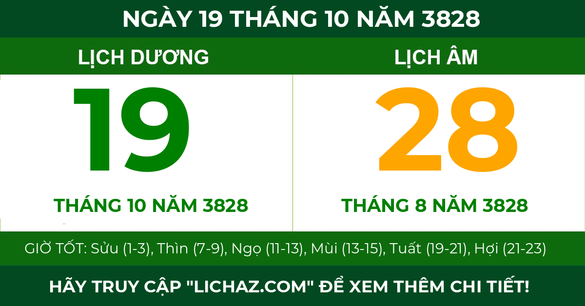 lịch âm ngày 19 tháng 10 năm 3828