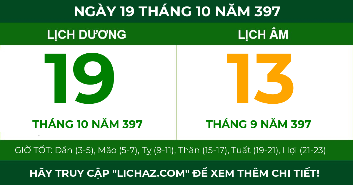 lịch âm ngày 19 tháng 10 năm 397