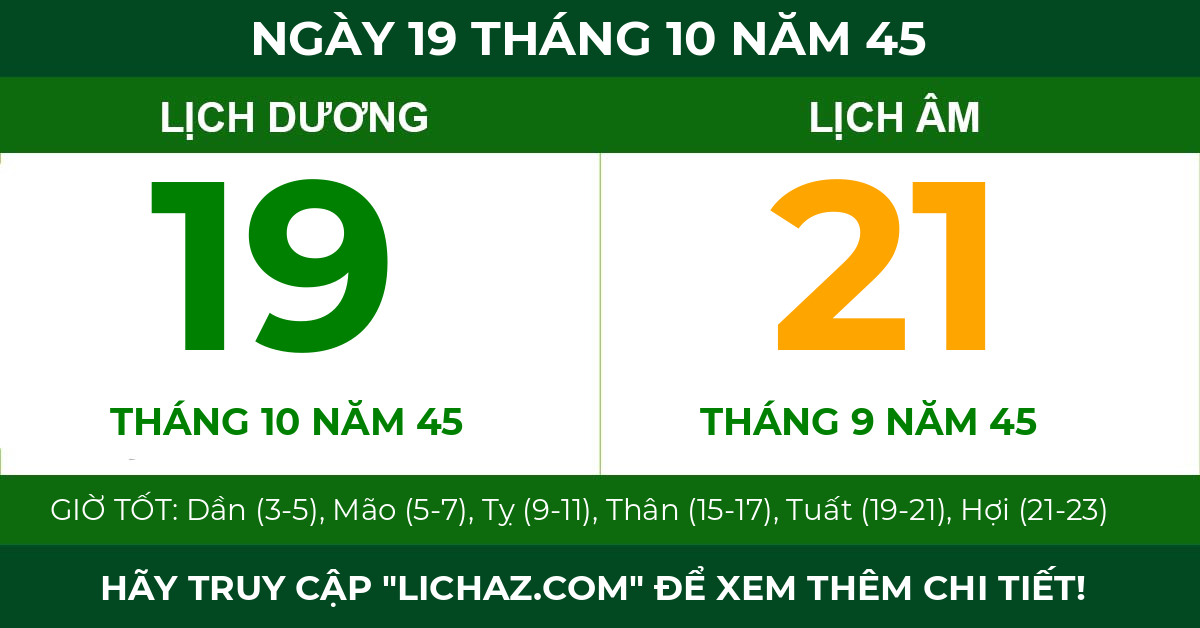 lịch âm ngày 19 tháng 10 năm 45