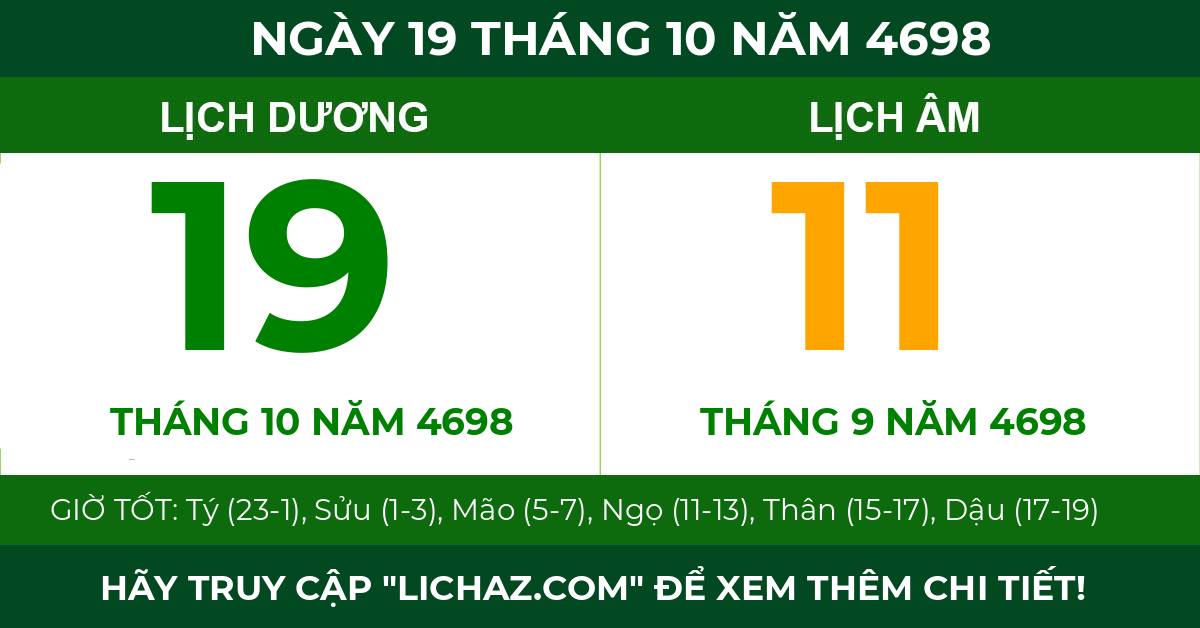 lịch âm ngày 19 tháng 10 năm 4698
