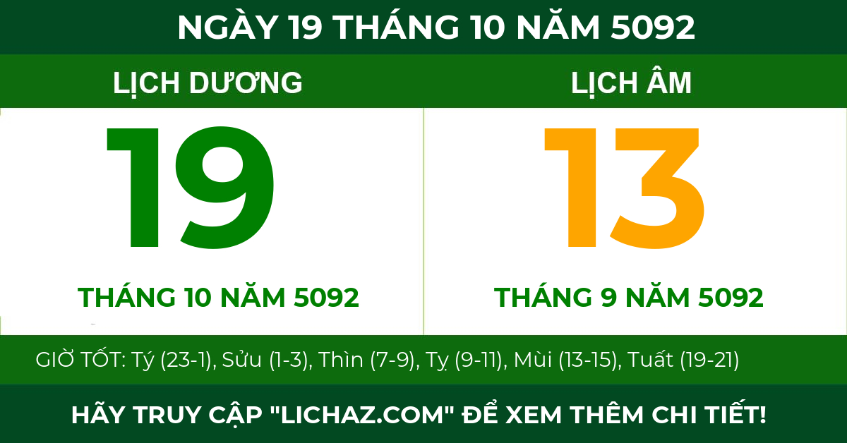 lịch âm ngày 19 tháng 10 năm 5092