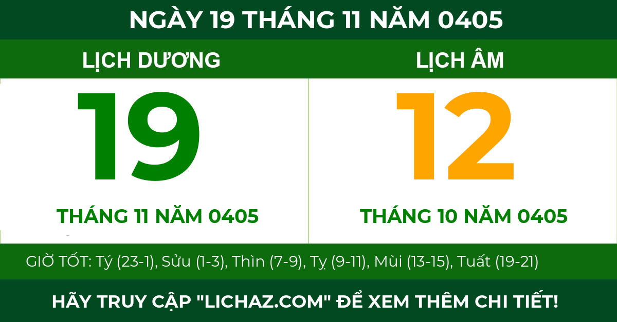lịch âm ngày 19 tháng 11 năm 0405