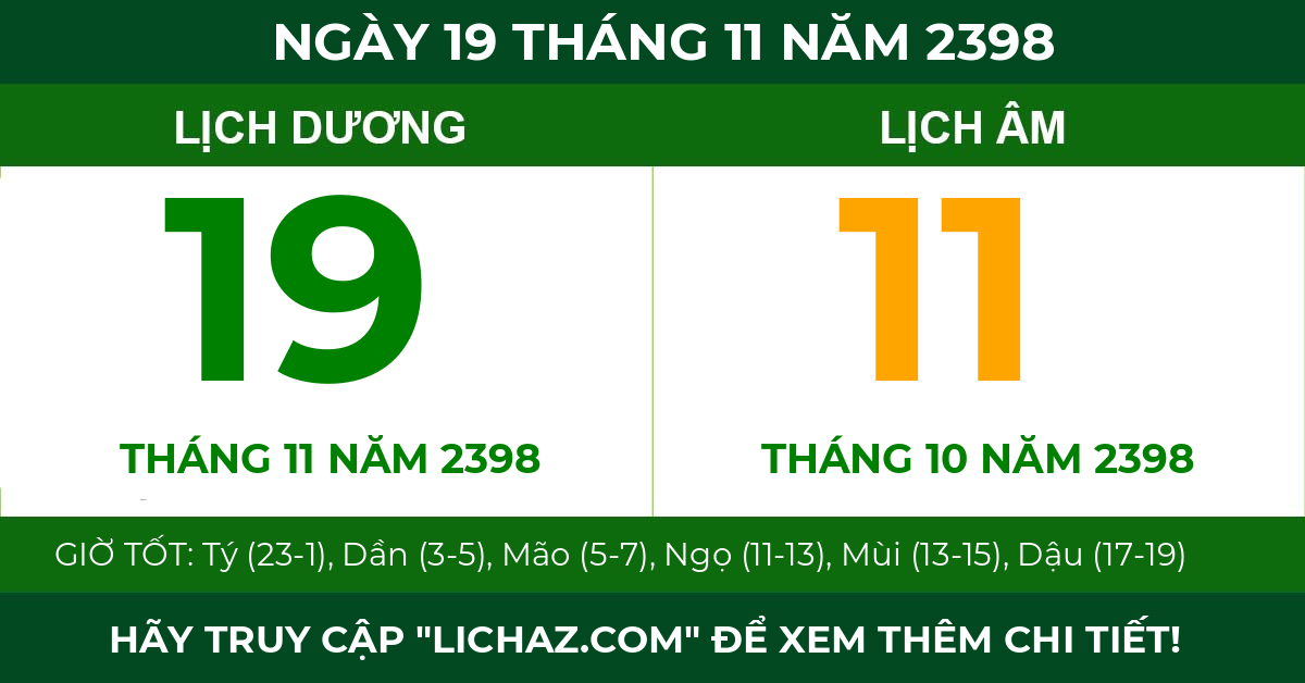 lịch âm ngày 19 tháng 11 năm 2398