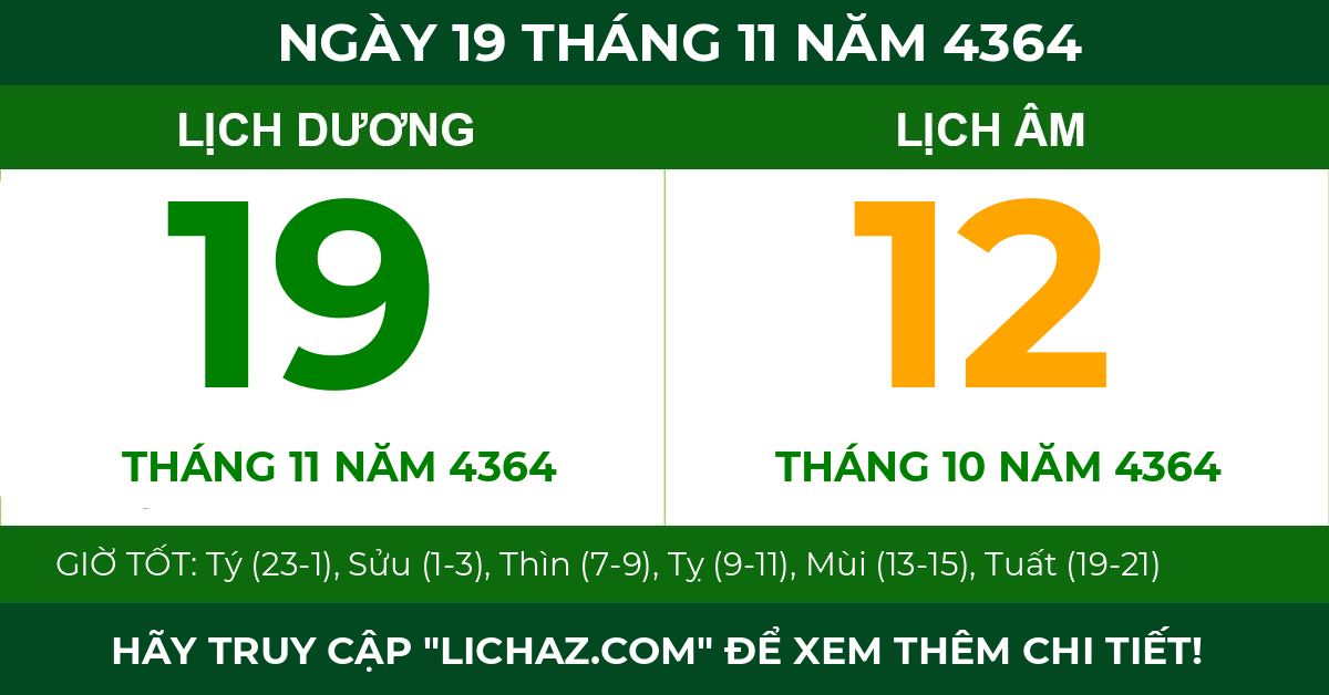 lịch âm ngày 19 tháng 11 năm 4364