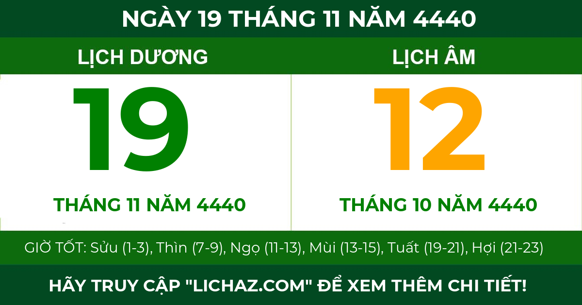 lịch âm ngày 19 tháng 11 năm 4440