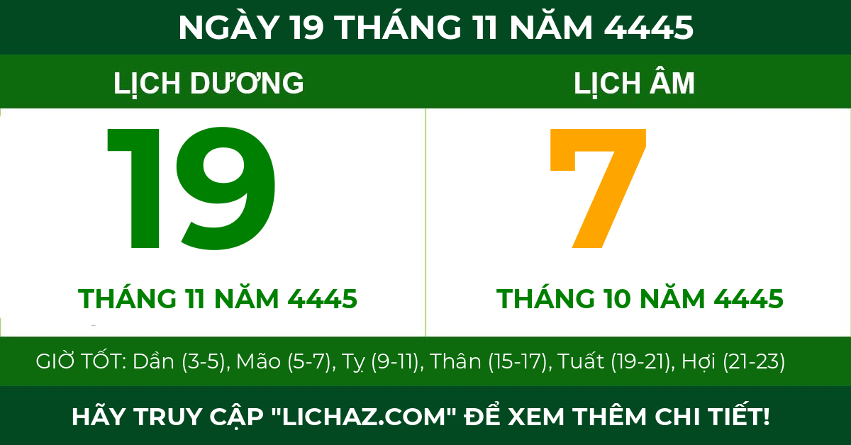 lịch âm ngày 19 tháng 11 năm 4445