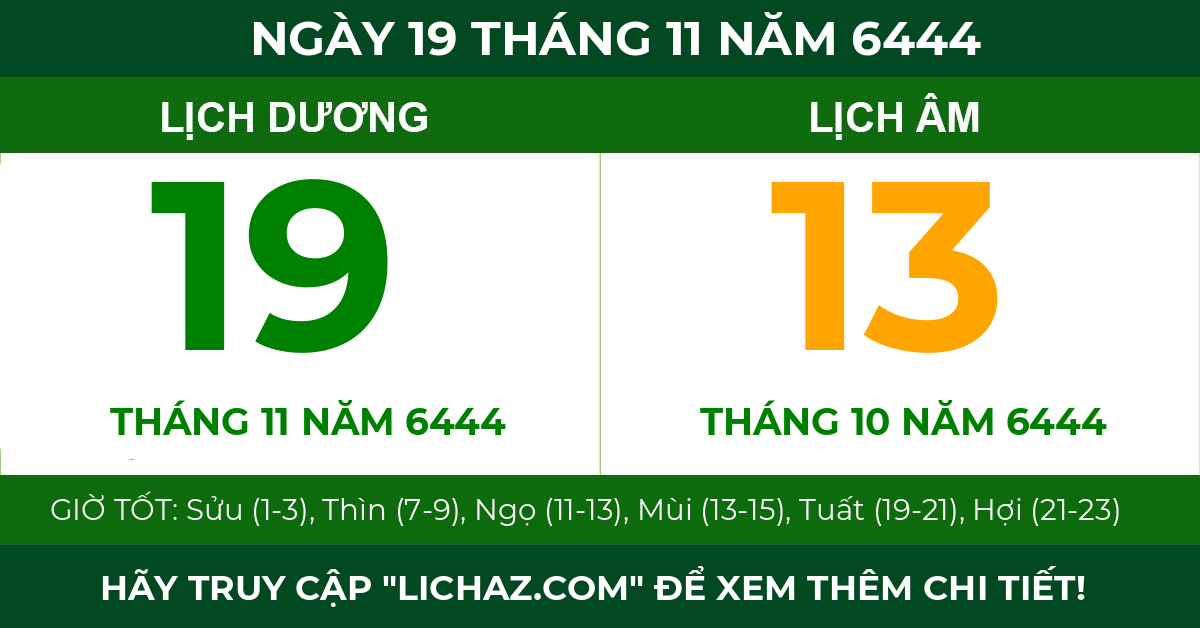 lịch âm ngày 19 tháng 11 năm 6444