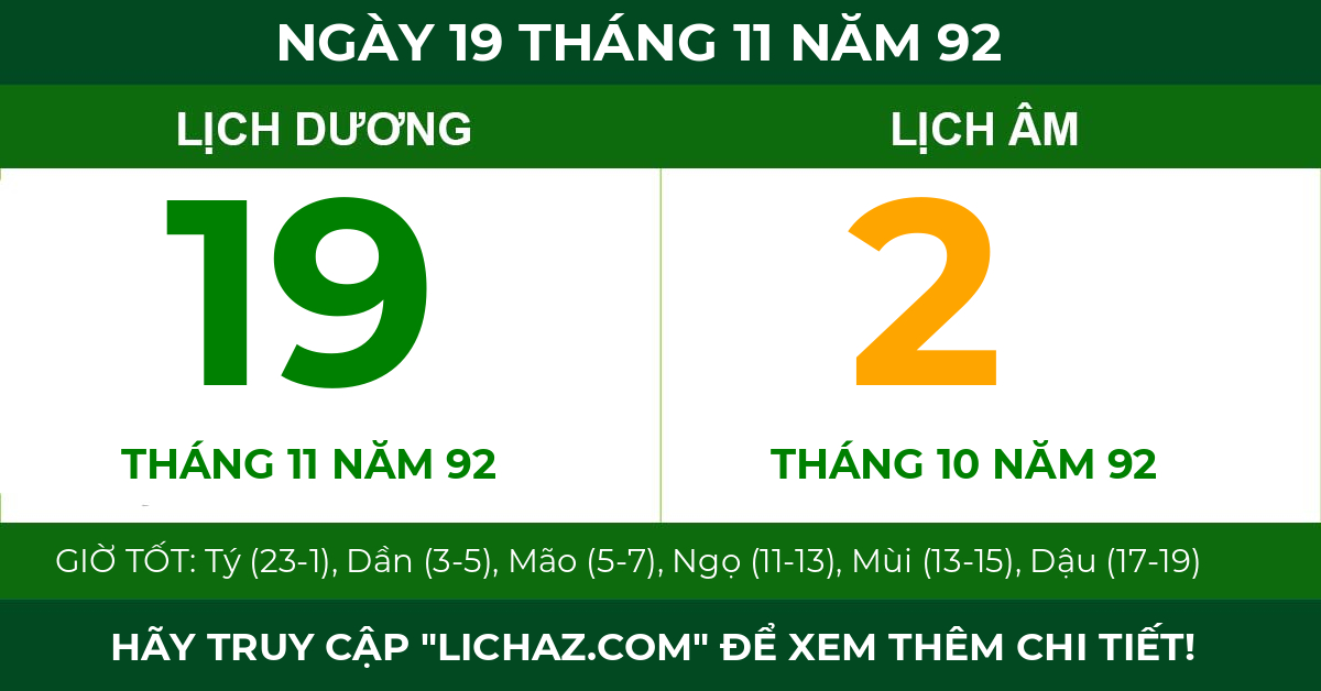 lịch âm ngày 19 tháng 11 năm 92