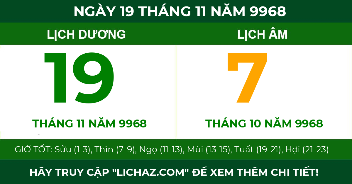 lịch âm ngày 19 tháng 11 năm 9968
