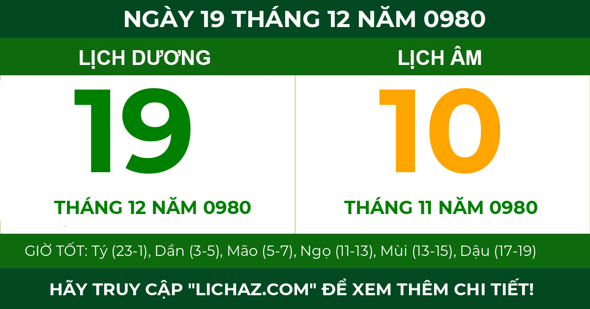 lịch âm ngày 19 tháng 12 năm 0980