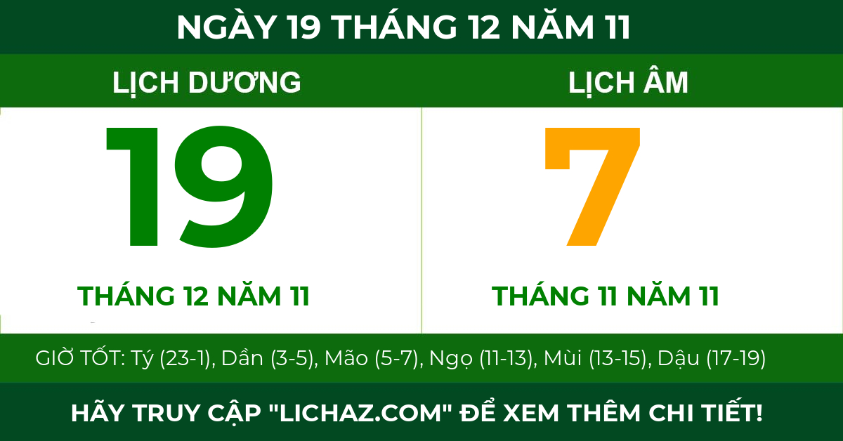 lịch âm ngày 19 tháng 12 năm 11